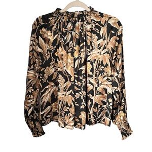 H&M Women's Sz 2 Black Gold Floral Ruffle Collar Wide Cut Blouse Top Career